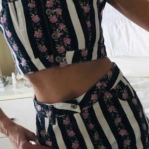 Striped Floral Cropped Top and Shorts Set